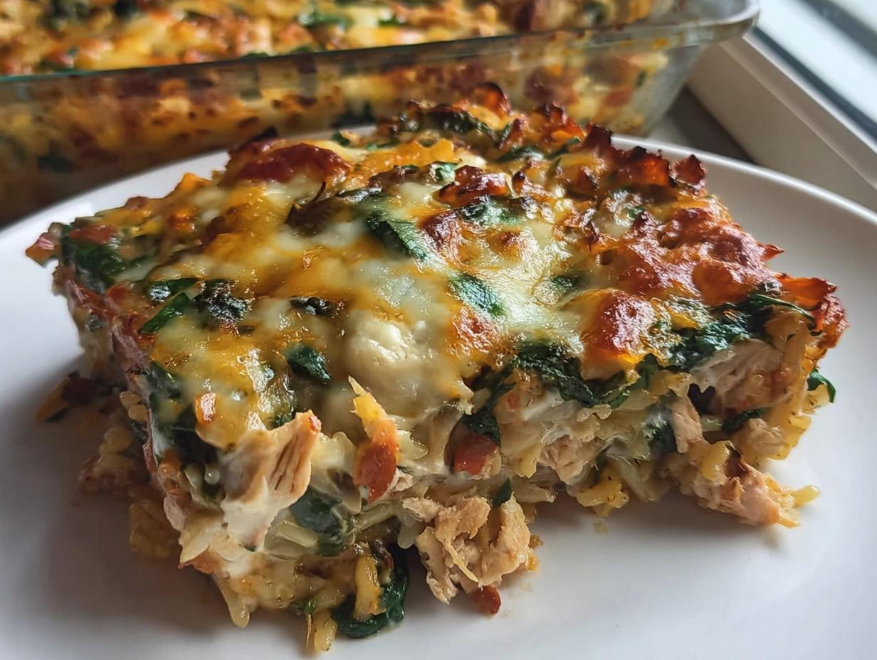 A close-up of a cheesy, baked casserole slice with chicken and spinach, perfect for Healthy Meal Prep Recipes.