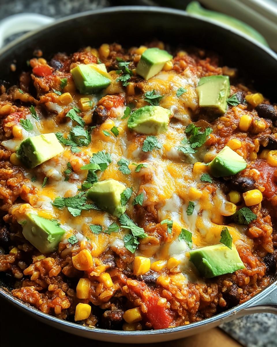 Close-up of cheesy Mexican rice with corn, black beans, topped with avocado chunks and cilantro, perfect for one-pan healthy dinner ideas.