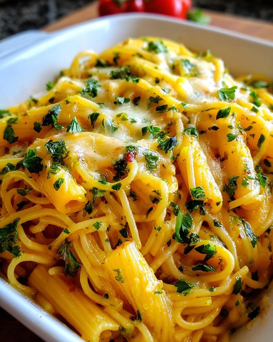 Close-up of cheesy pasta with mixed noodles, topped generously with fresh chopped parsley.