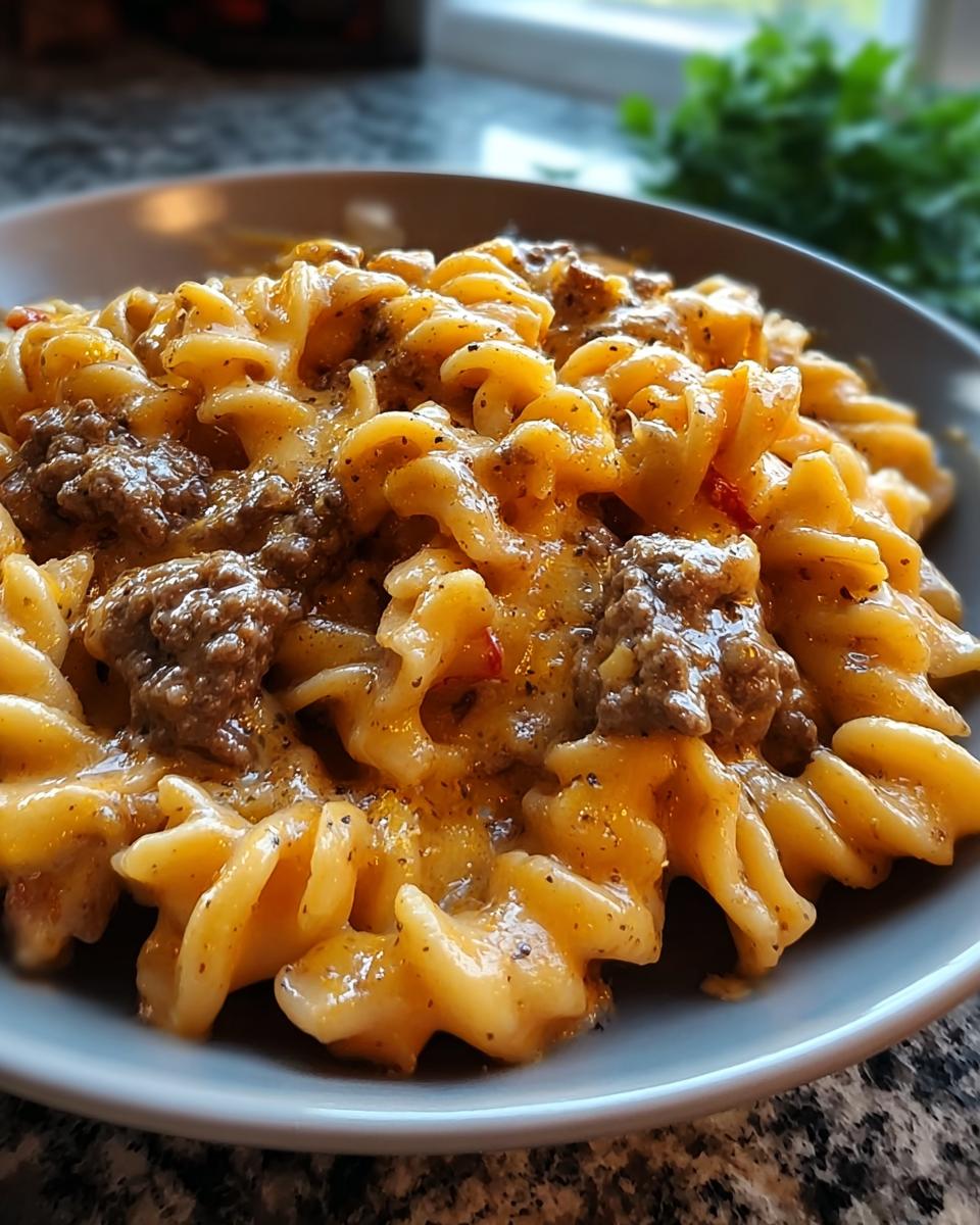 Close-up of rotini pasta tossed in a creamy, cheesy sauce with ground beef, illustrating how to make pasta recipes like a pro.