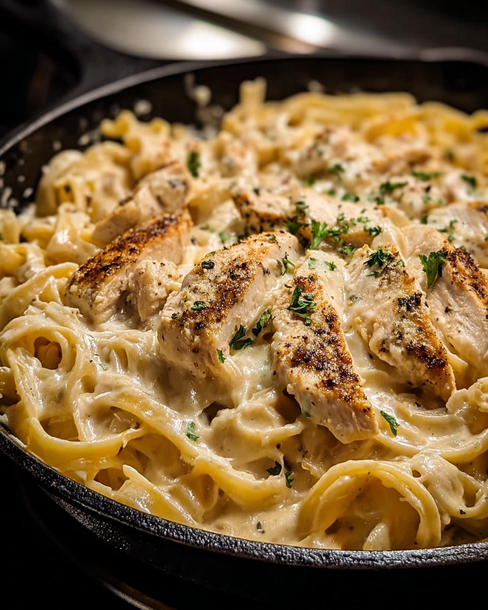 Close-up of Chicken Alfredo Skillet with creamy sauce, fettuccine pasta, and sliced, seasoned chicken breast.
