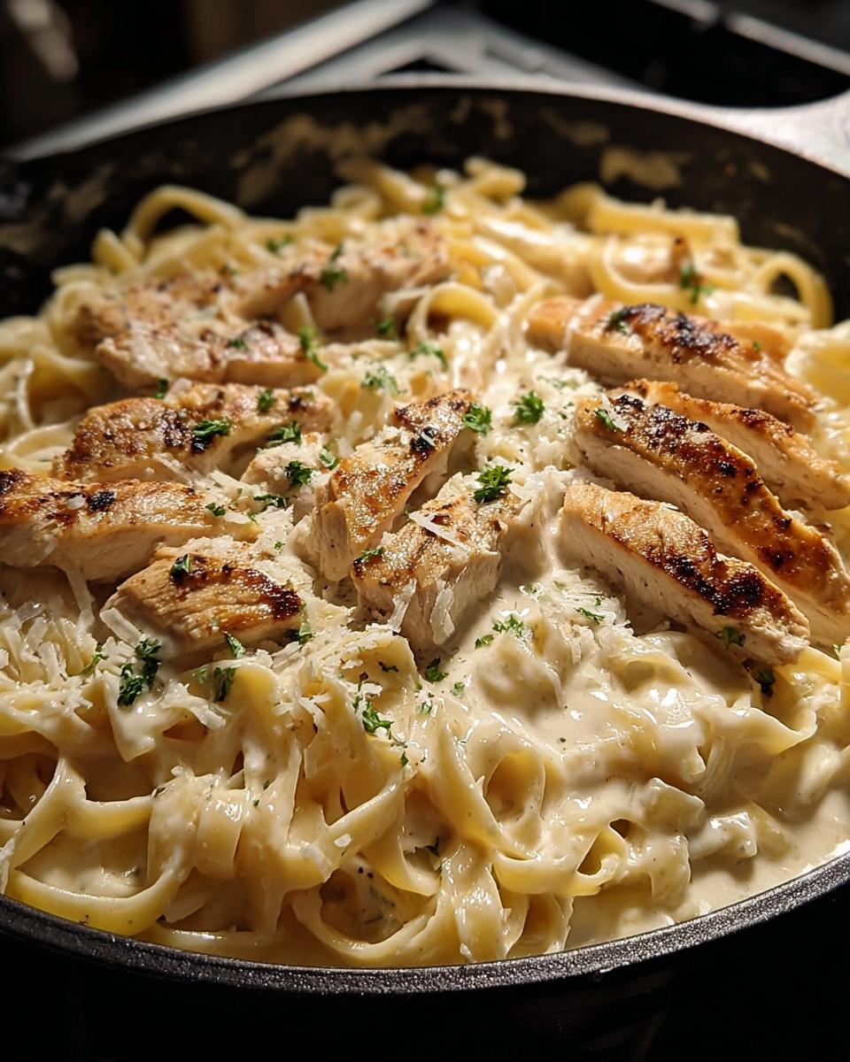 Close-up of Chicken Alfredo Skillet with Creamy Sauce, featuring grilled chicken slices over fettuccine pasta.