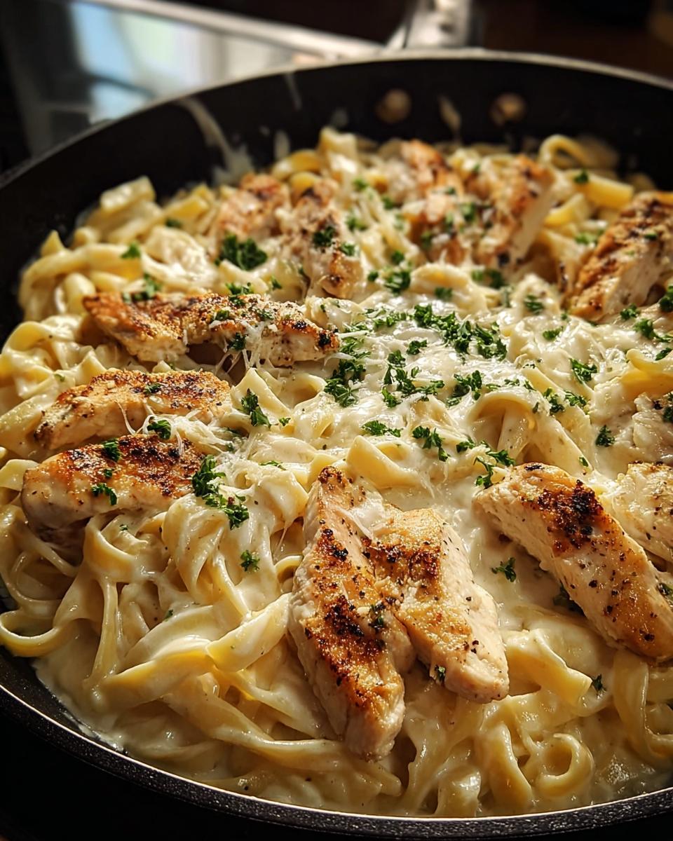 Close-up of Chicken Alfredo Skillet with Creamy Sauce, featuring fettuccine pasta, grilled chicken strips, and parsley.
