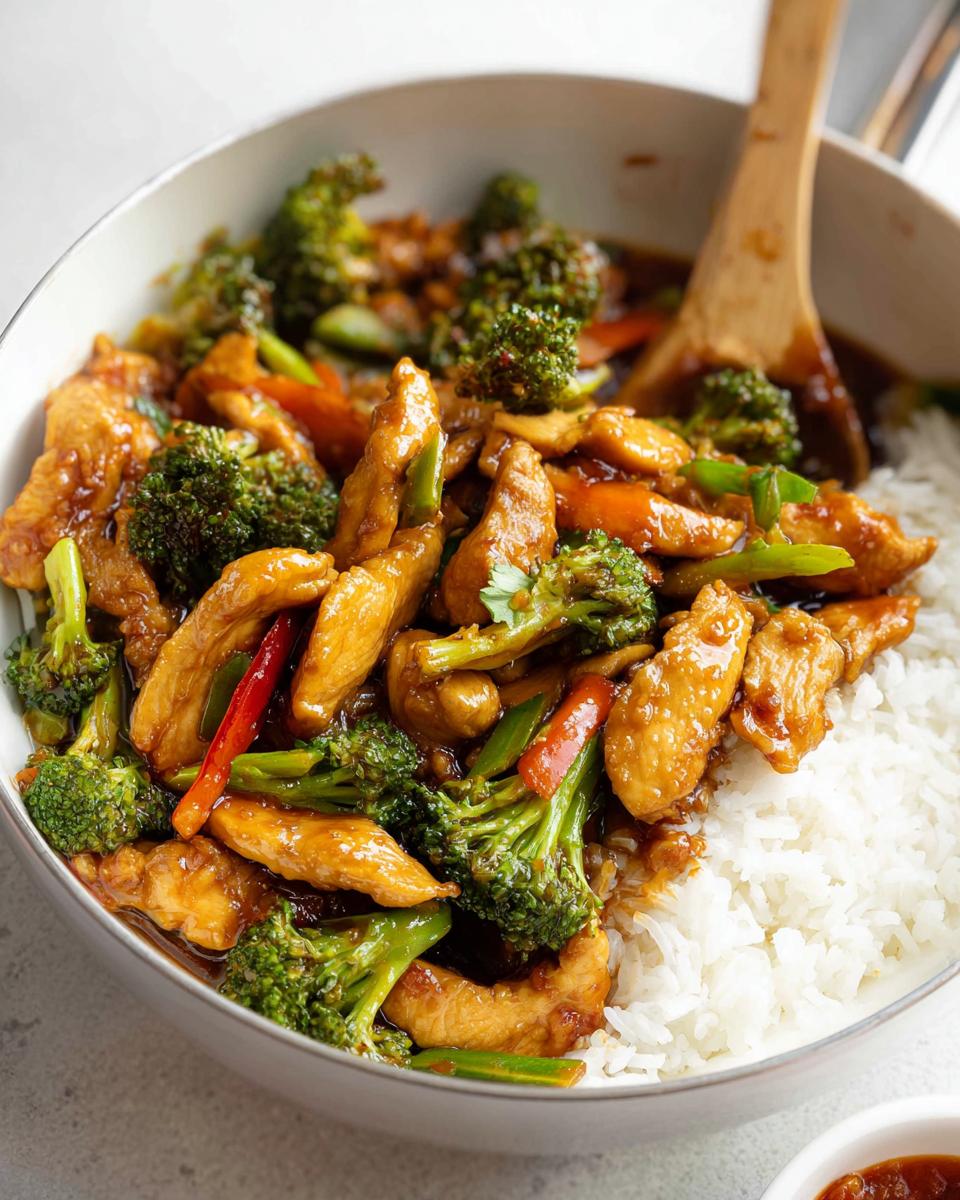 Close-up of a bowl of chicken and broccoli stir-fry served over white rice, perfect for Quick 30-Minute Healthy Dinner Recipes.