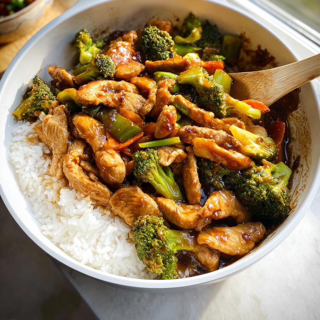 Close-up of a bowl of chicken and broccoli stir-fry served over white rice, a perfect Quick 30-Minute Healthy Dinner Recipe.
