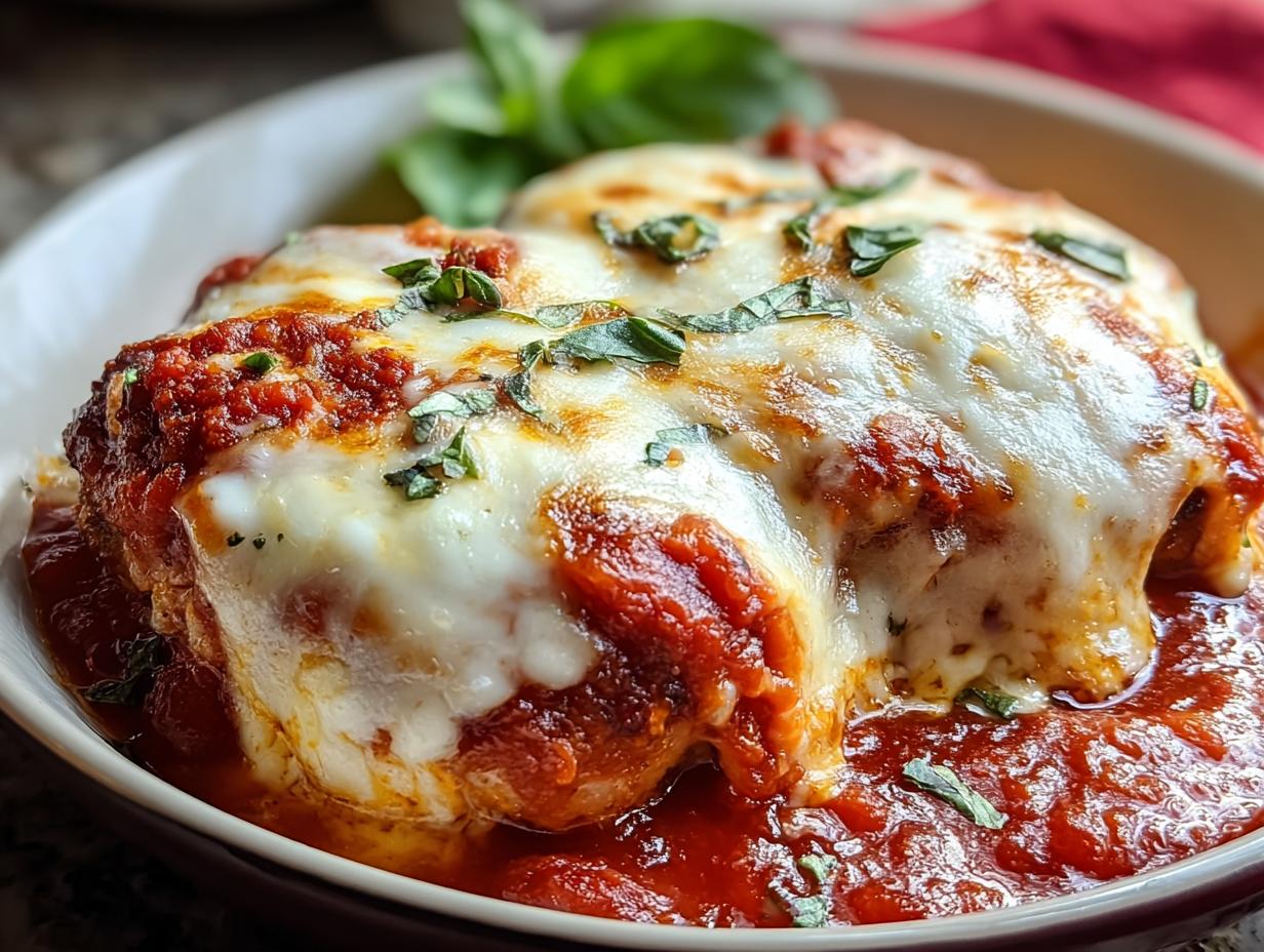 Close-up of a serving of Chicken Parmesan Inspired Bake with Mozzarella, covered in melted cheese and marinara sauce.