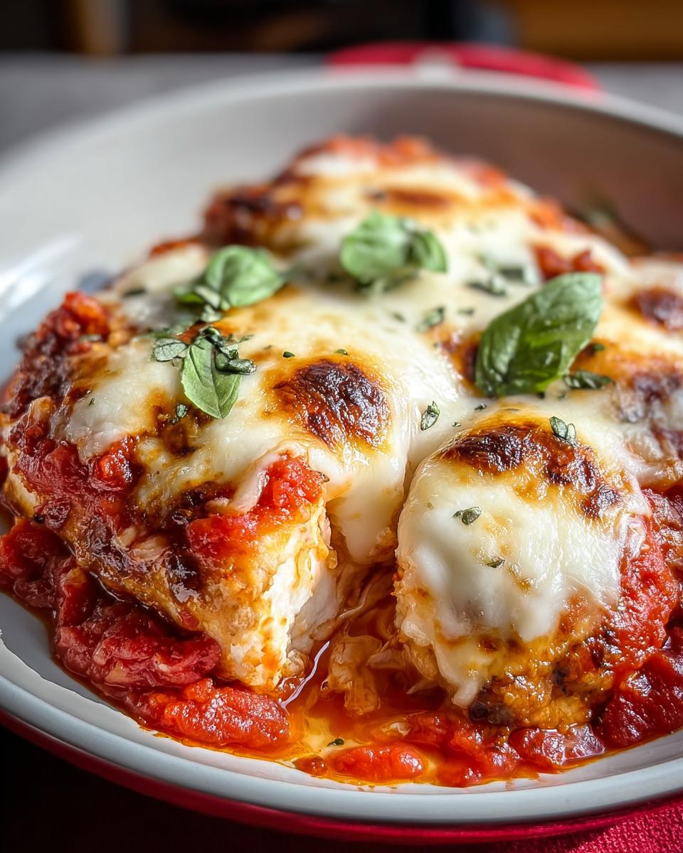 Close-up of a serving of Chicken Parmesan Inspired Bake with Mozzarella, covered in melted, browned cheese and fresh basil.