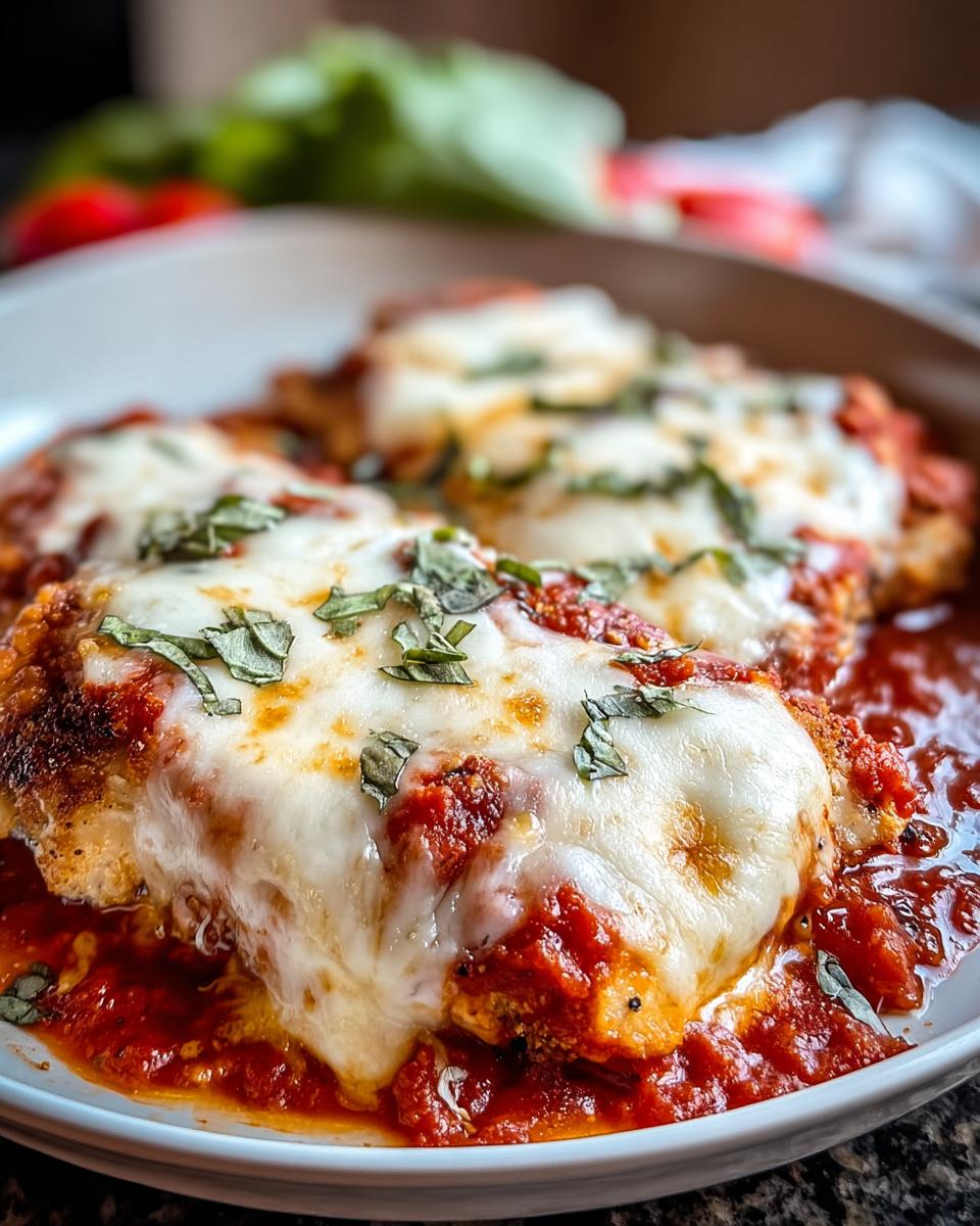 Close-up of Chicken Parmesan Inspired Bake with Mozzarella, topped with melted cheese and fresh basil.