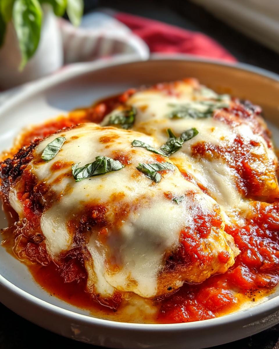 Close-up of baked chicken topped with melted mozzarella cheese, marinara sauce, and fresh basil, part of the Chicken Parmesan Inspired Bake.