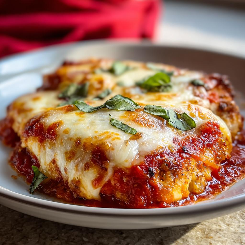 Close-up of baked chicken topped with rich tomato sauce and melted mozzarella cheese, garnished with fresh basil.