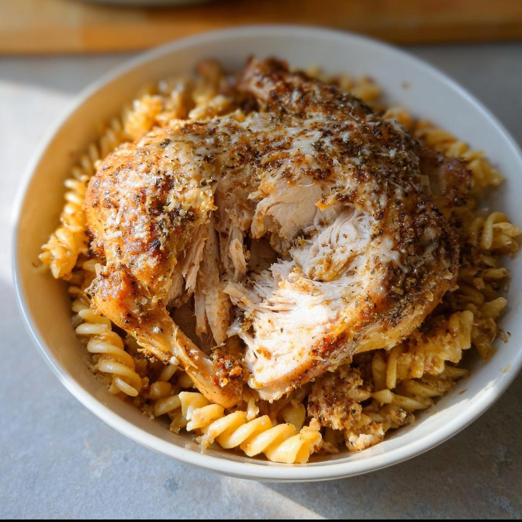 Seasoned baked chicken breast pulled apart over rotini pasta, a great option for Budget-Friendly Healthy Meal Prep Recipes.
