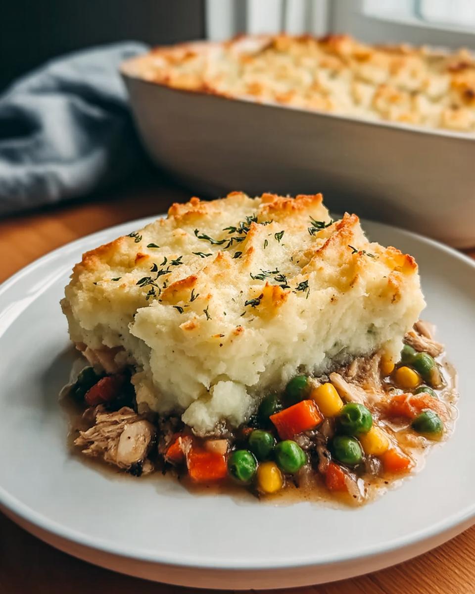 A serving of chicken pot pie casserole with mashed potato topping, one of the 7 genius chicken recipes ideas for busy weeknights.