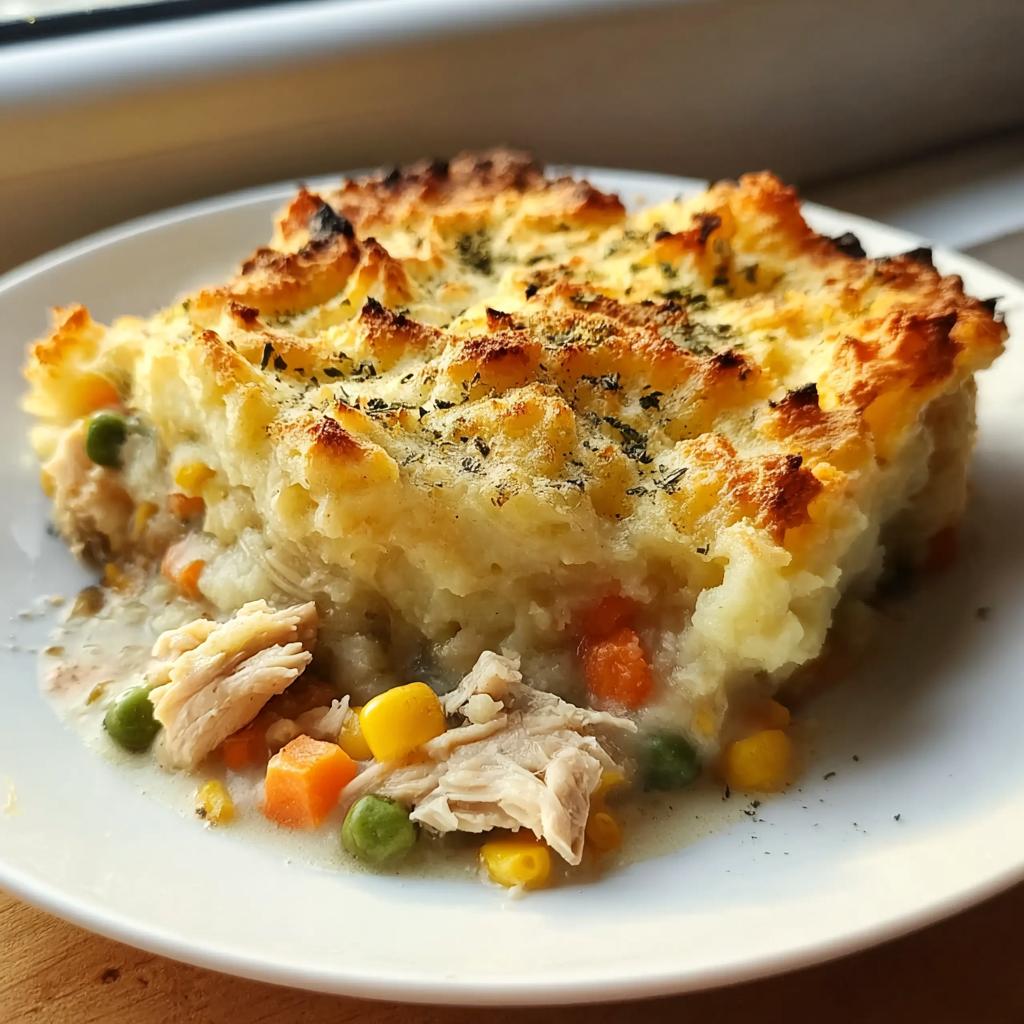 A hearty slice of chicken pot pie casserole with shredded chicken, mixed vegetables, and a golden, browned mashed potato topping.