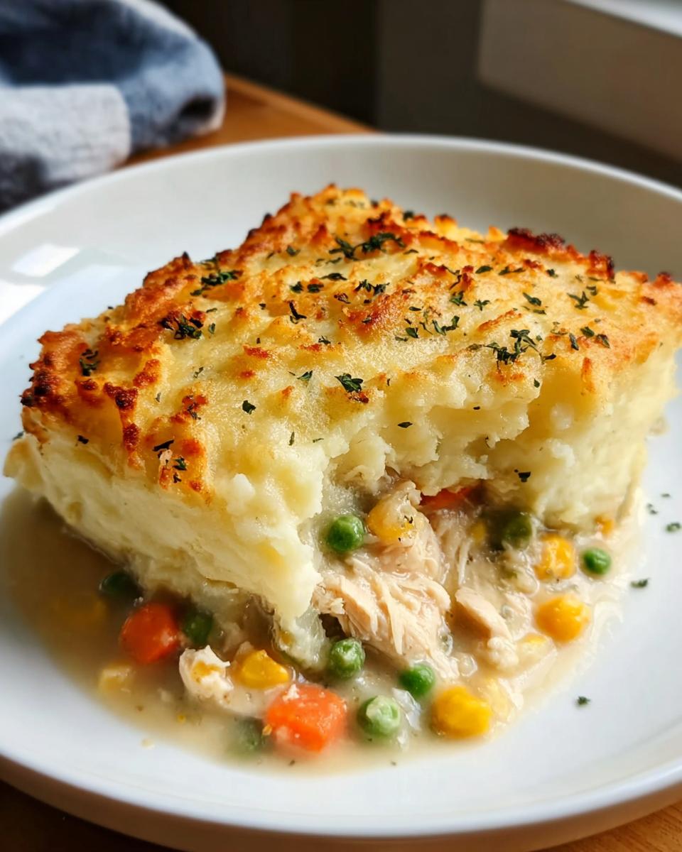 A serving of creamy chicken pot pie with a golden mashed potato topping, one of the 7 Genius Chicken Recipes Ideas.