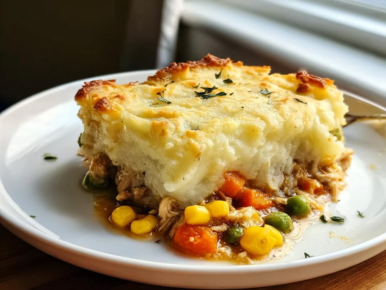 A slice of savory chicken pot pie with a thick mashed potato topping, featuring chicken and mixed vegetables.