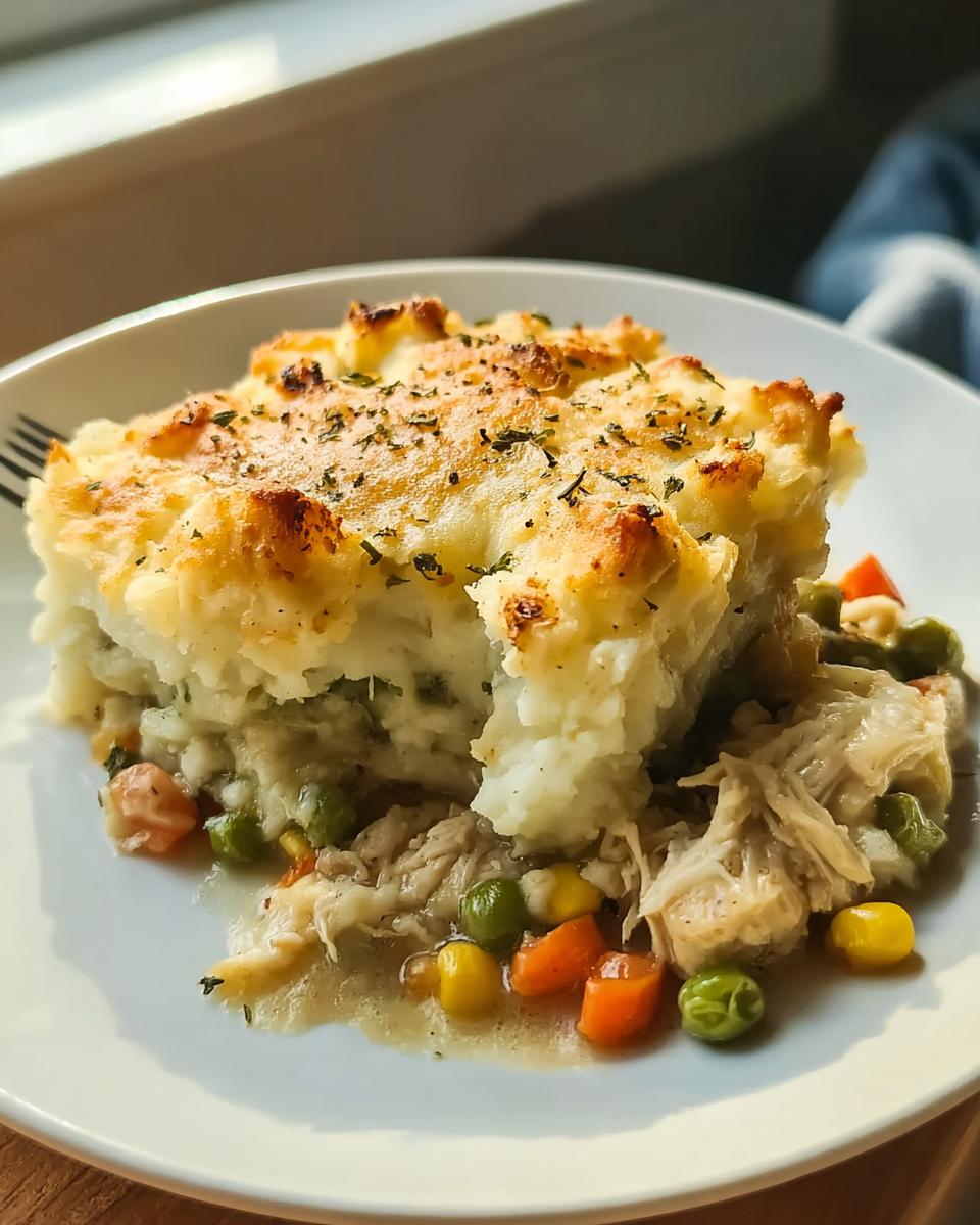 A serving of creamy chicken pot pie with a mashed potato topping, part of 7 Genius Chicken Recipes Ideas.