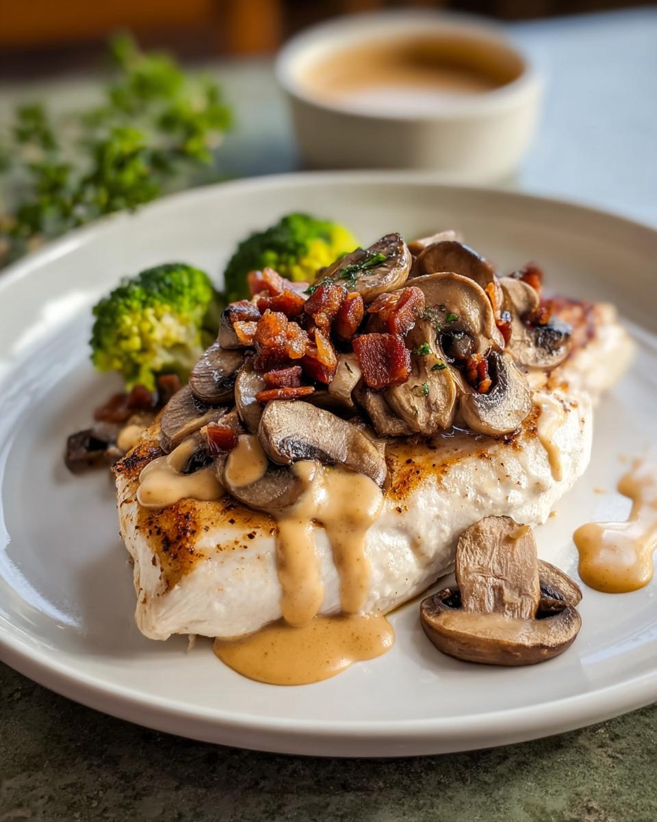 Pan-seared chicken breast topped with sautéed mushrooms, bacon bits, and creamy sauce, served with broccoli.