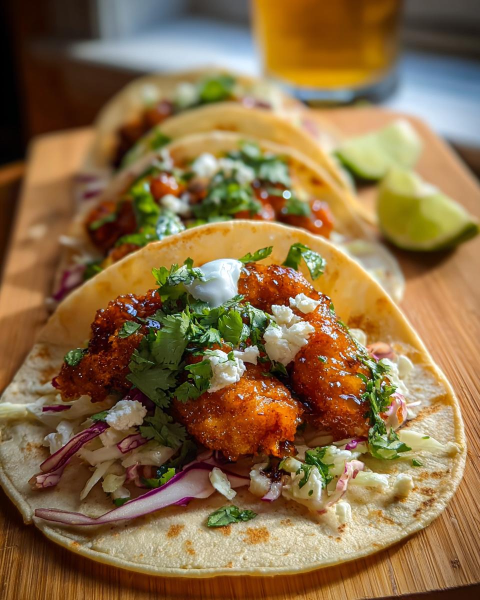 Close-up of a soft tortilla filled with saucy chicken taco filling, slaw, cilantro, and cheese.
