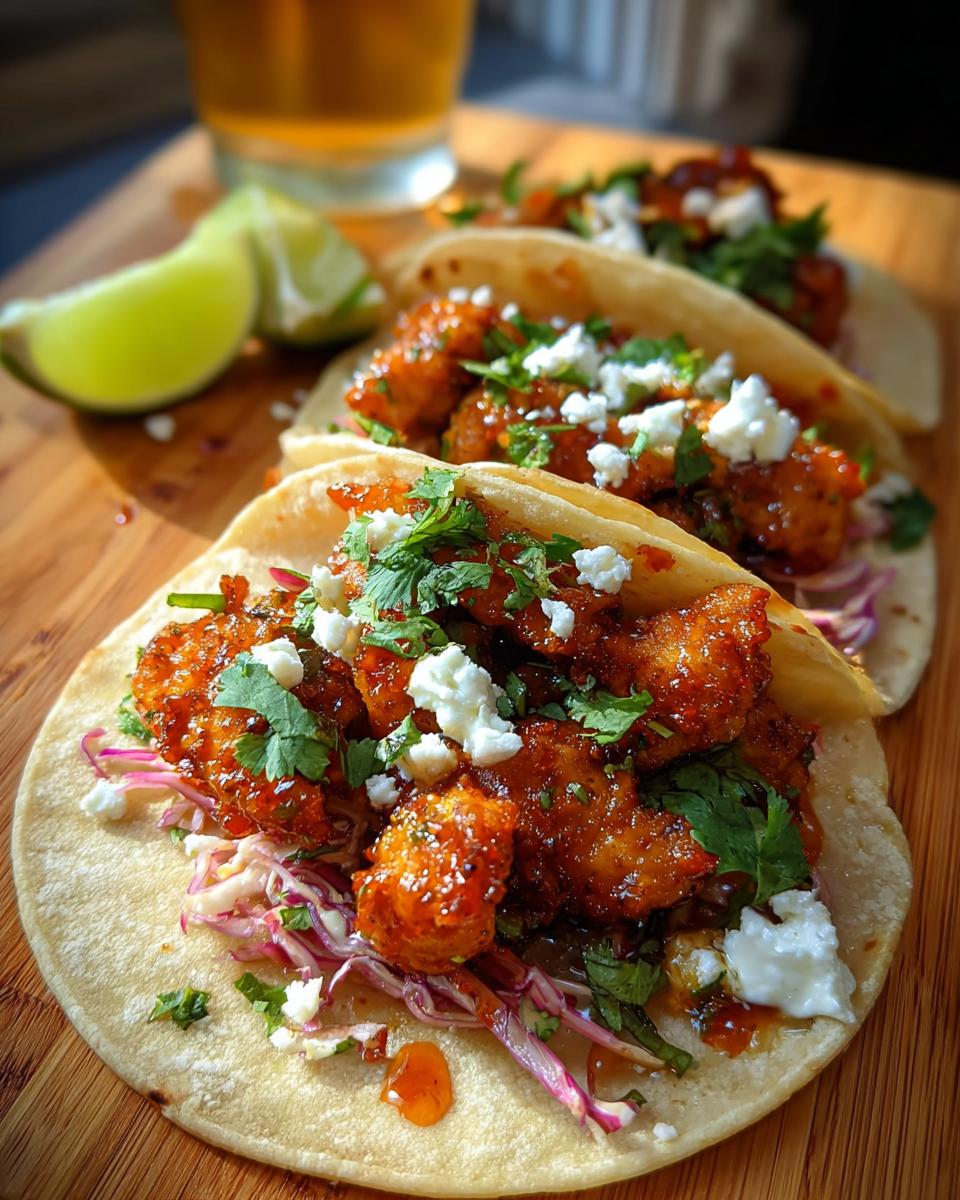 Three soft tacos filled with saucy Chicken Taco Filling with Fresh Lime, topped with cotija cheese and cilantro.