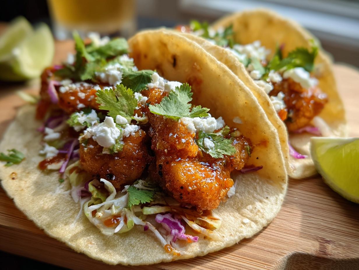 Two soft tacos filled with saucy Chicken Taco Filling with Fresh Lime, slaw, cotija cheese, and cilantro.