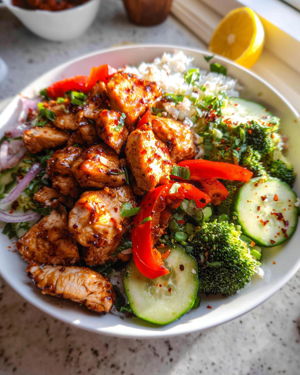 A vibrant bowl featuring glazed chicken pieces, rice, broccoli, cucumber, and red pepper, perfect for Nutritious Homemade Meals.