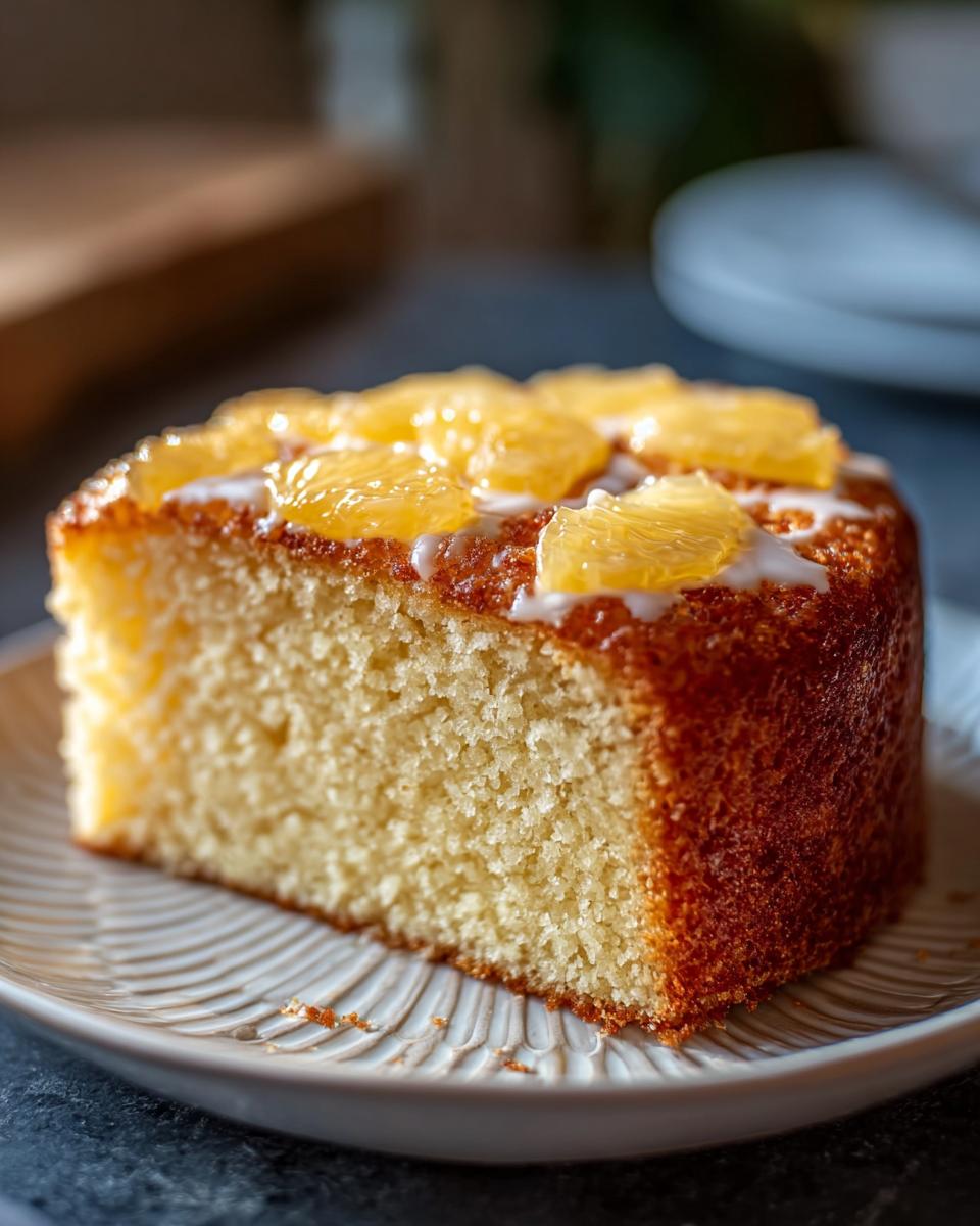 Close-up of a moist slice of citrus cake topped with candied fruit slices, part of 7-Ingredient Cake Ideas Recipes.