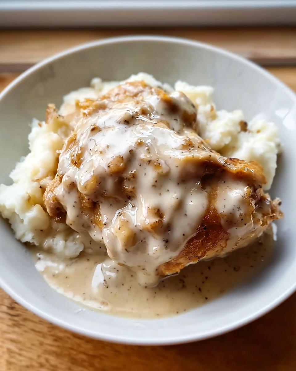 Close-up of Comfort Style Chicken with Creamy Gravy served over mashed potatoes in a white bowl.