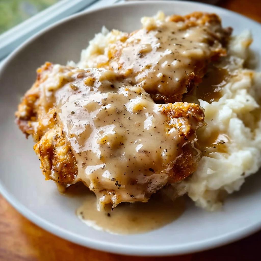 Two pieces of crispy Comfort Style Chicken with Creamy Gravy served over a generous portion of mashed potatoes.