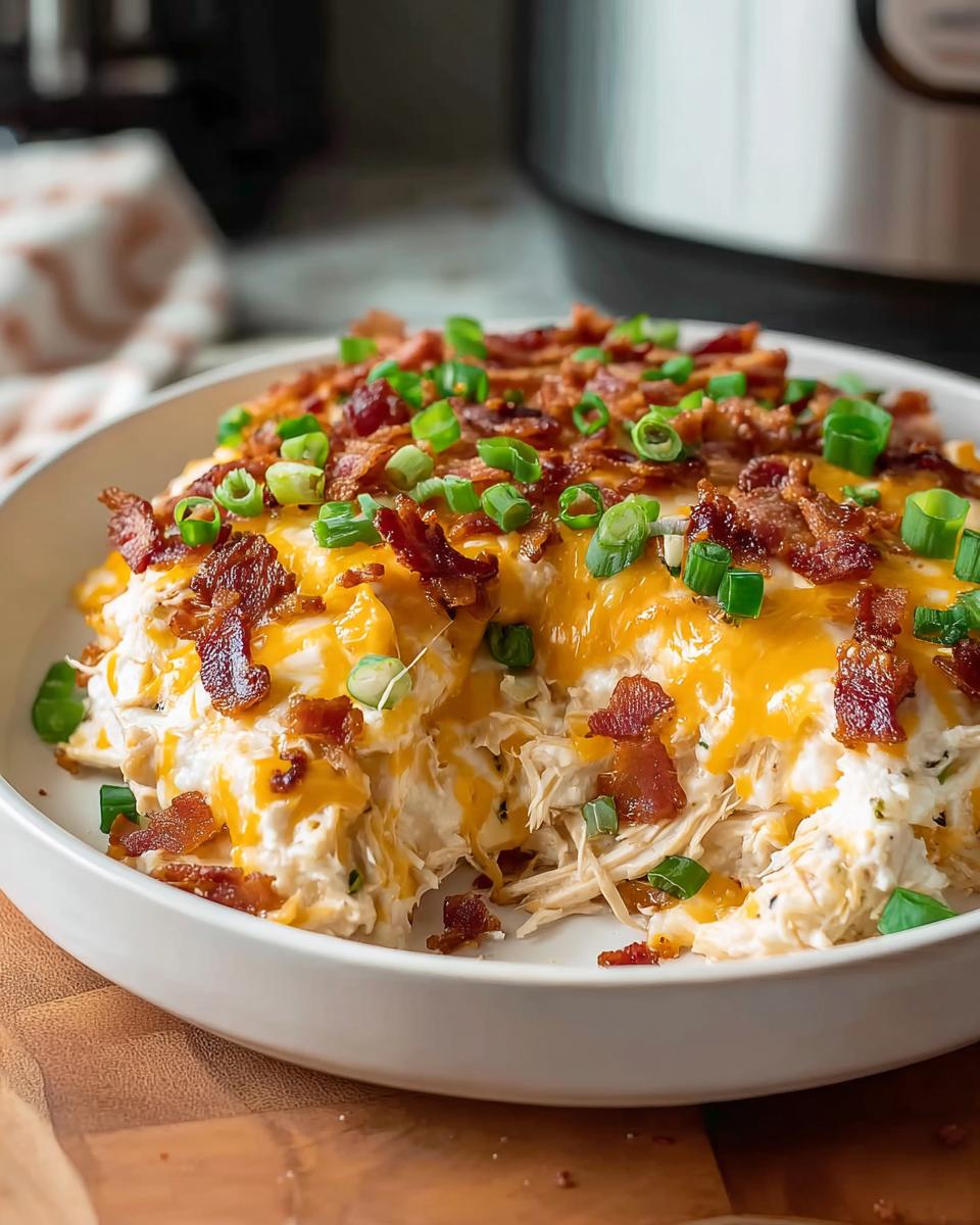 A close-up of a serving of Crack Chicken Style Dinner Bowl, topped with melted cheddar and crispy bacon bits.