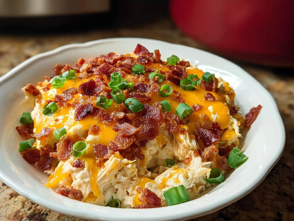 A close-up of a Crack Chicken Style Dinner Bowl featuring shredded chicken topped with melted cheddar, bacon bits, and green onions.