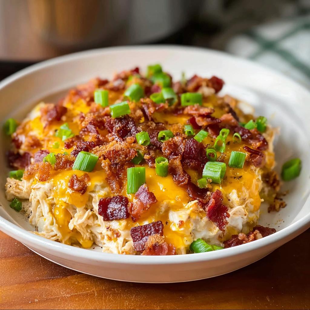 A close-up of a hearty Crack Chicken Style Dinner Bowl topped with melted cheddar, bacon bits, and green onions.