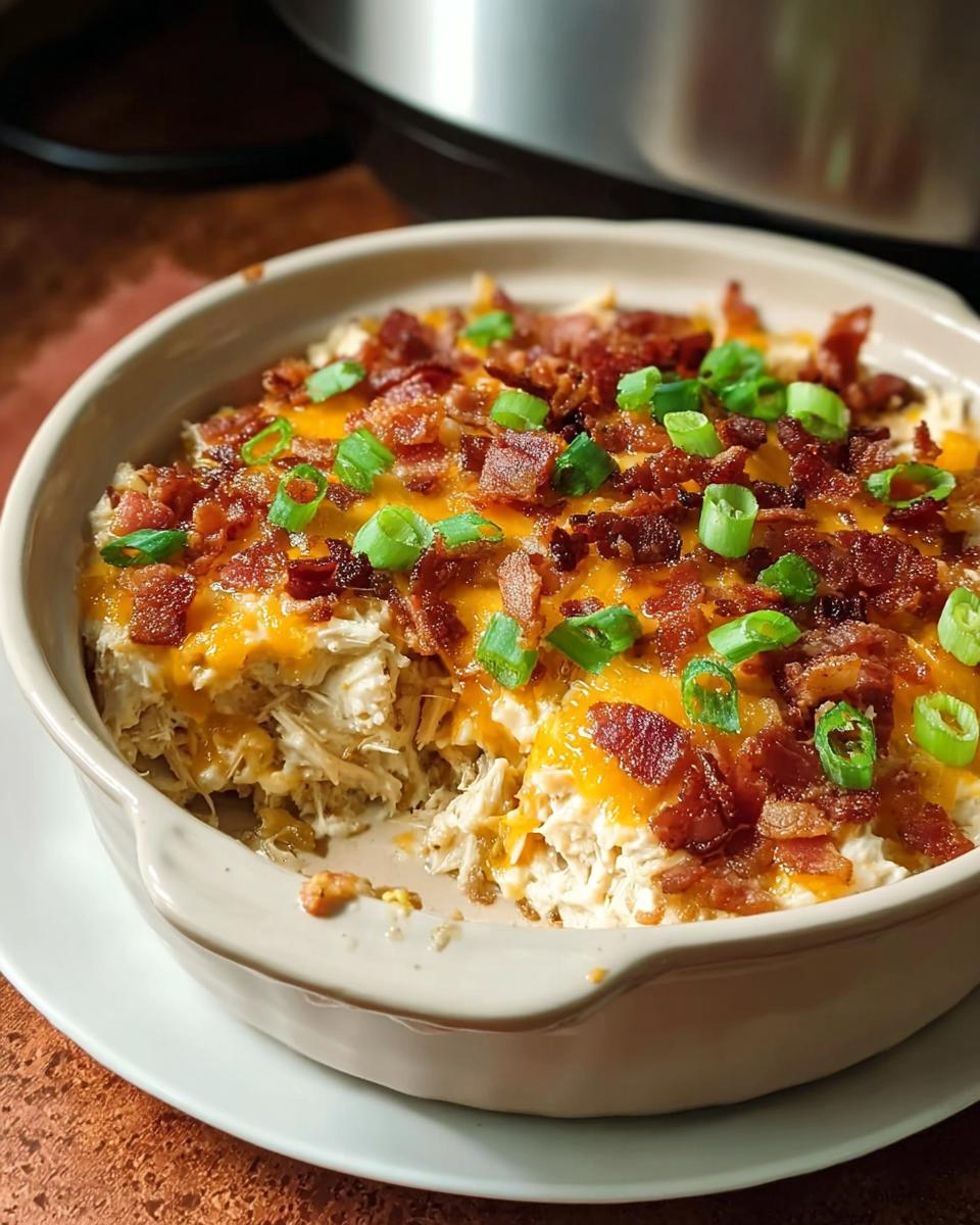 A serving of creamy, shredded chicken topped with melted cheddar cheese, bacon bits, and green onions, representing a Crack Chicken Style Dinner Bowl.