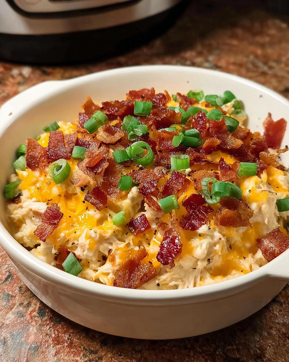 A creamy Crack Chicken Style Dinner Bowl topped generously with shredded cheddar, crispy bacon, and green onions.