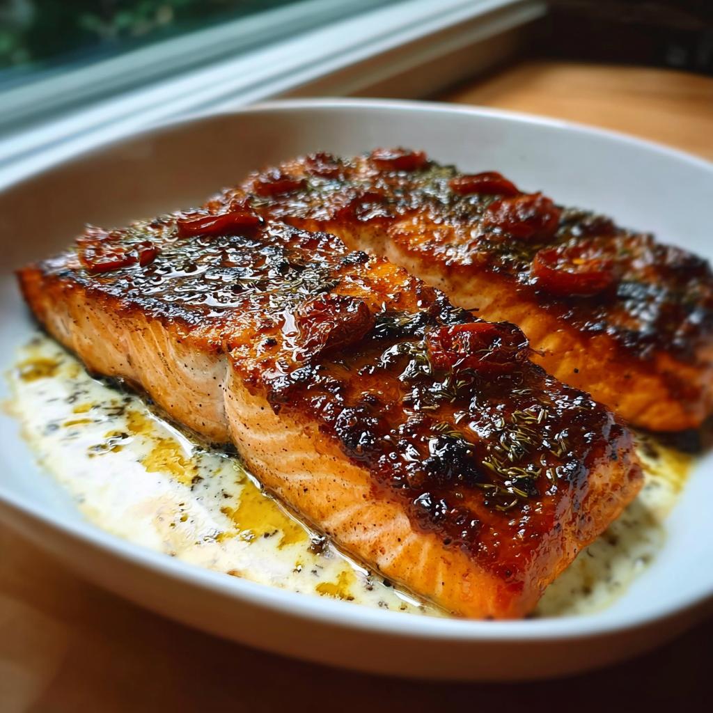 Two pieces of Crave-Worthy salmon recipes with a crispy, shiny honey garlic glaze resting in a creamy sauce.