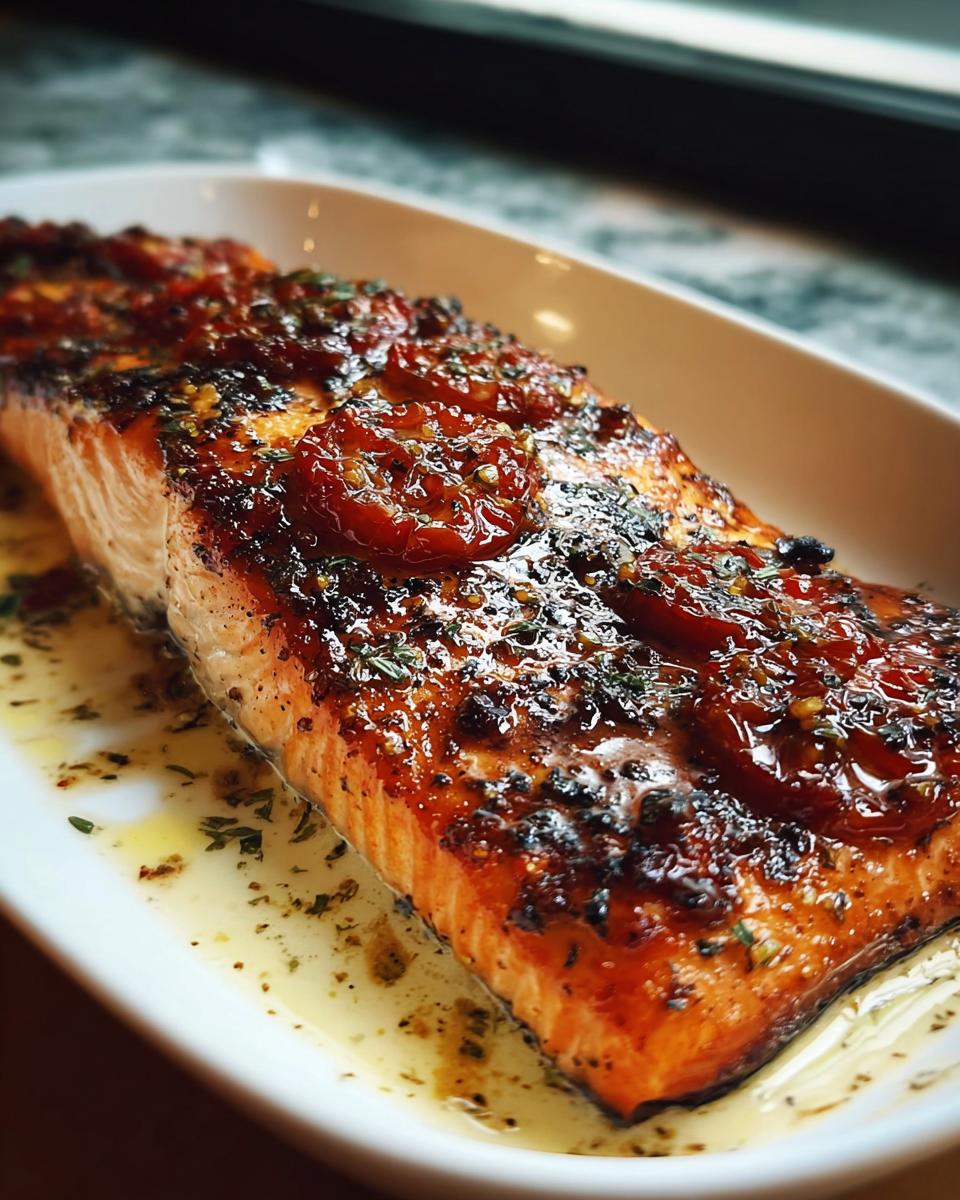 Close-up of a perfectly cooked, glazed salmon fillet topped with roasted cherry tomatoes and herbs.