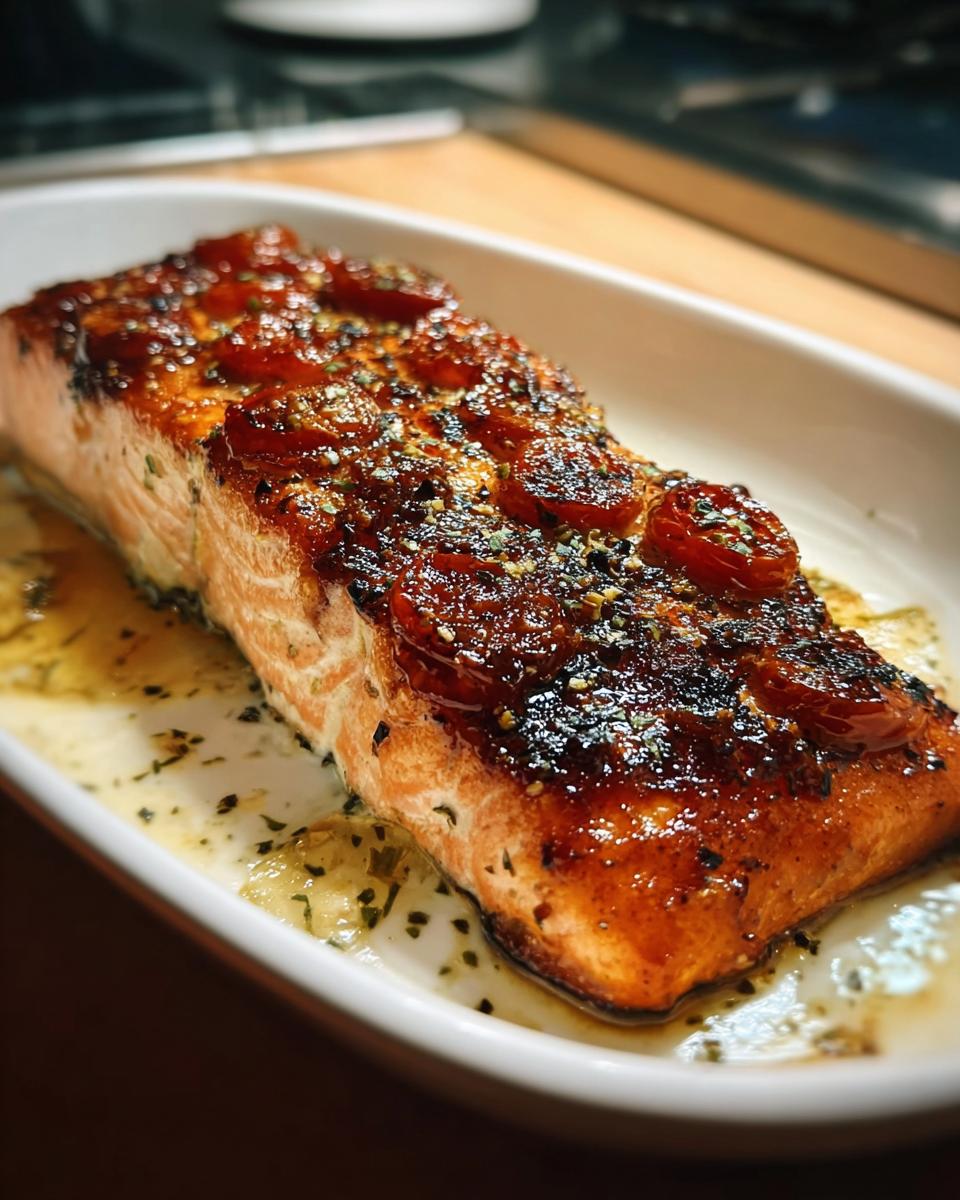 Close-up of a perfectly cooked, Crave-Worthy salmon recipe fillet with a dark, shiny honey garlic glaze and cherry tomatoes.