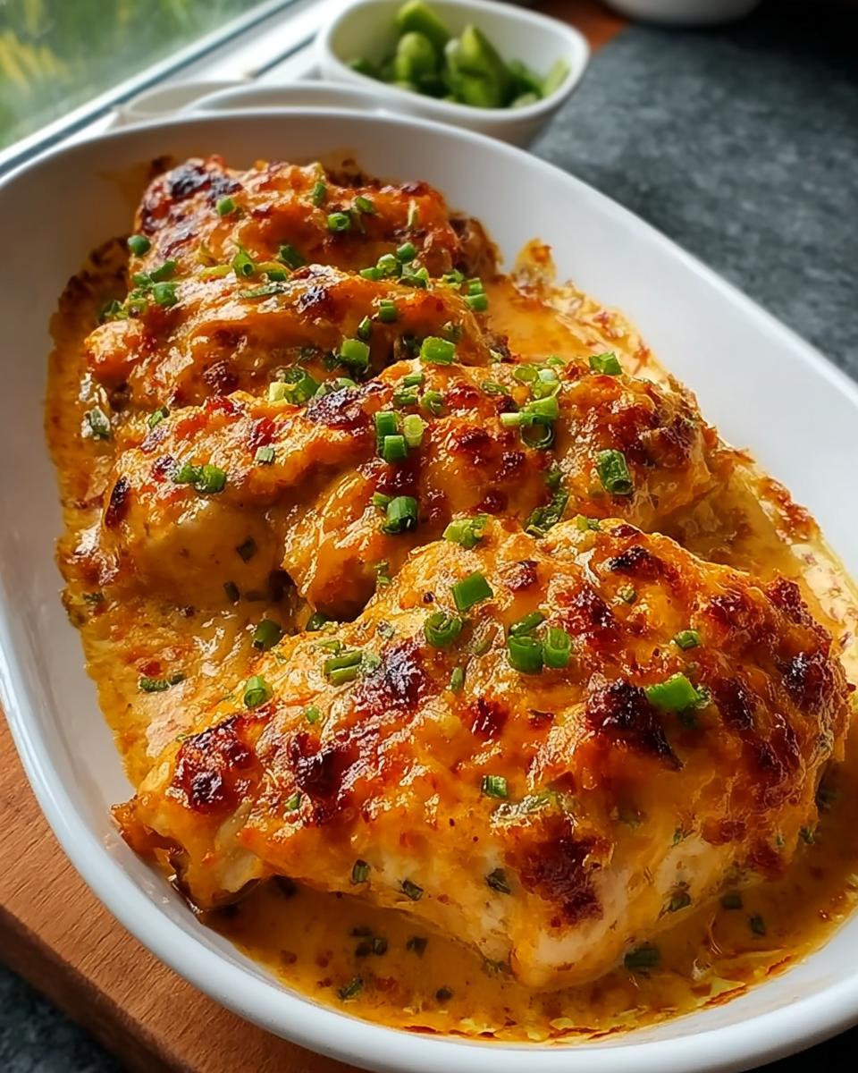 Three baked chicken breasts covered in a rich, cheesy orange sauce and topped with chopped green onions.