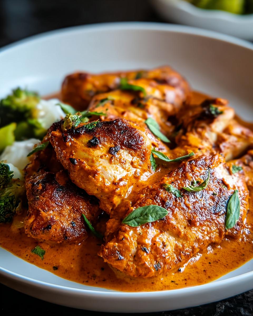 Close-up of seared chicken thighs smothered in a rich, creamy orange sauce, served with broccoli.
