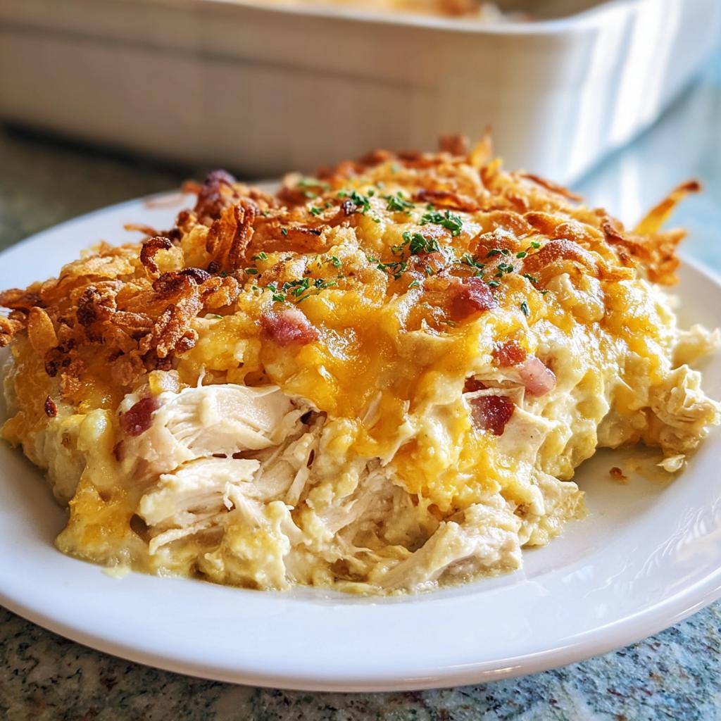 A serving of creamy chicken casserole with melted cheddar cheese, bacon bits, and crispy onion topping.