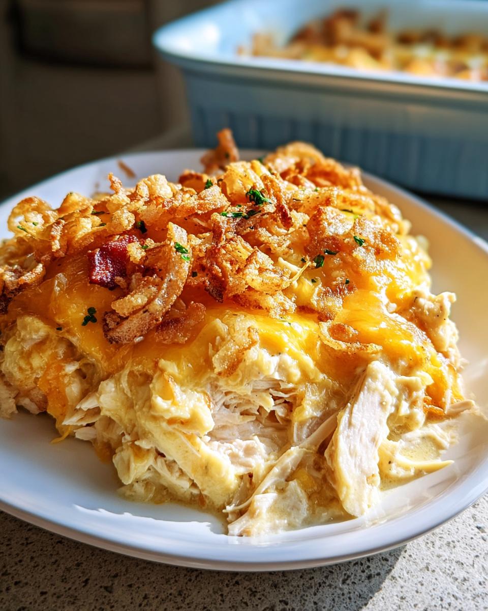 A serving of creamy shredded chicken casserole topped with melted cheddar cheese and crispy fried onions.