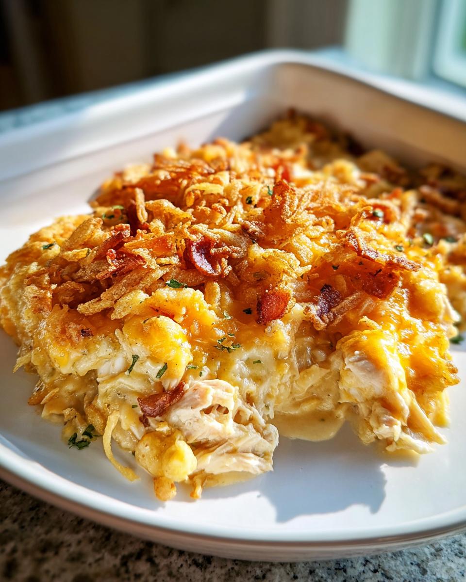 A serving of creamy chicken casserole topped with crispy fried onions and bacon, perfect for Chicken Recipes Meal Prep.