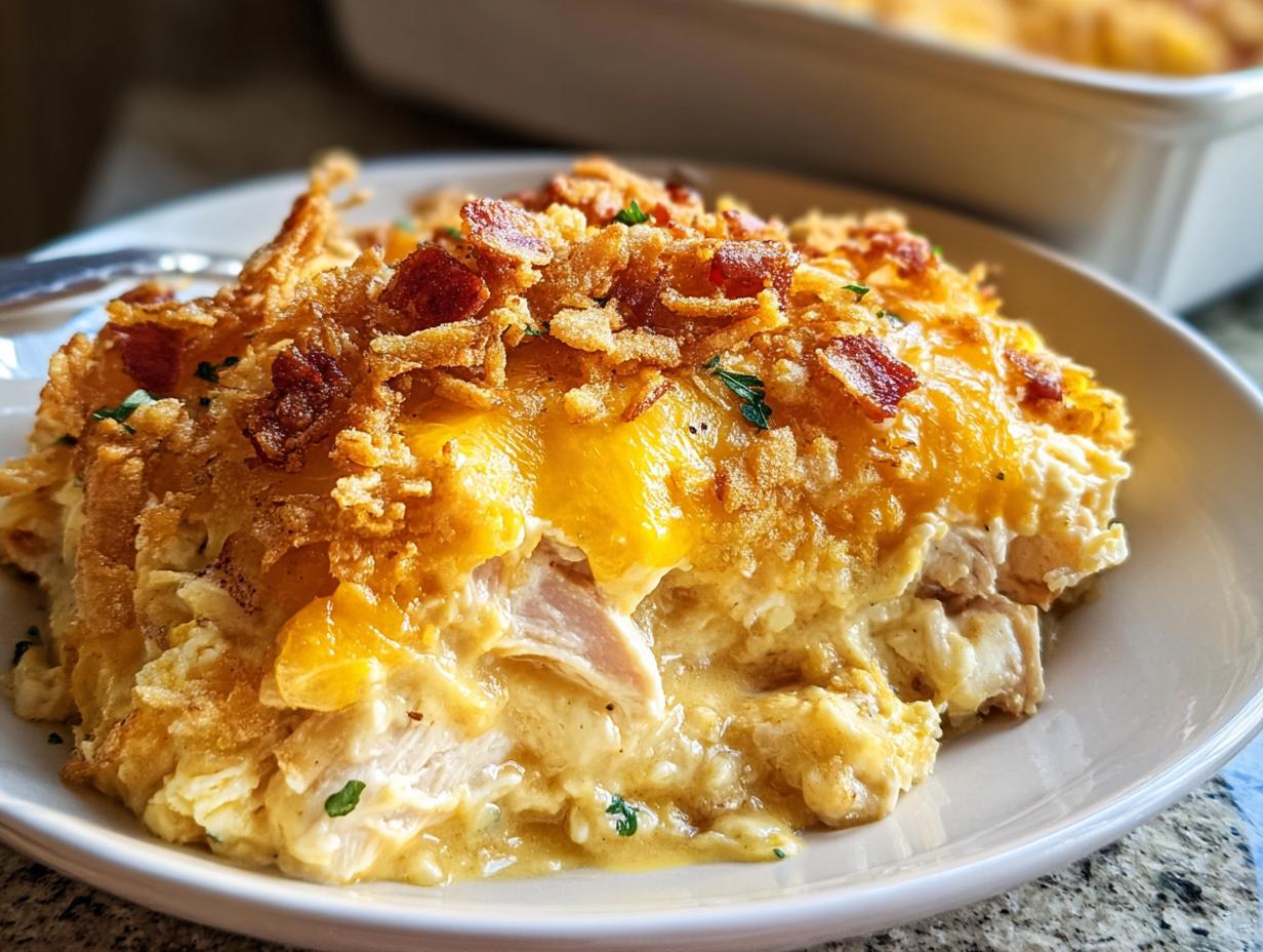 A close-up of a creamy chicken casserole slice topped with melted cheddar, crispy onions, and bacon bits, perfect for Chicken Recipes Meal Prep.