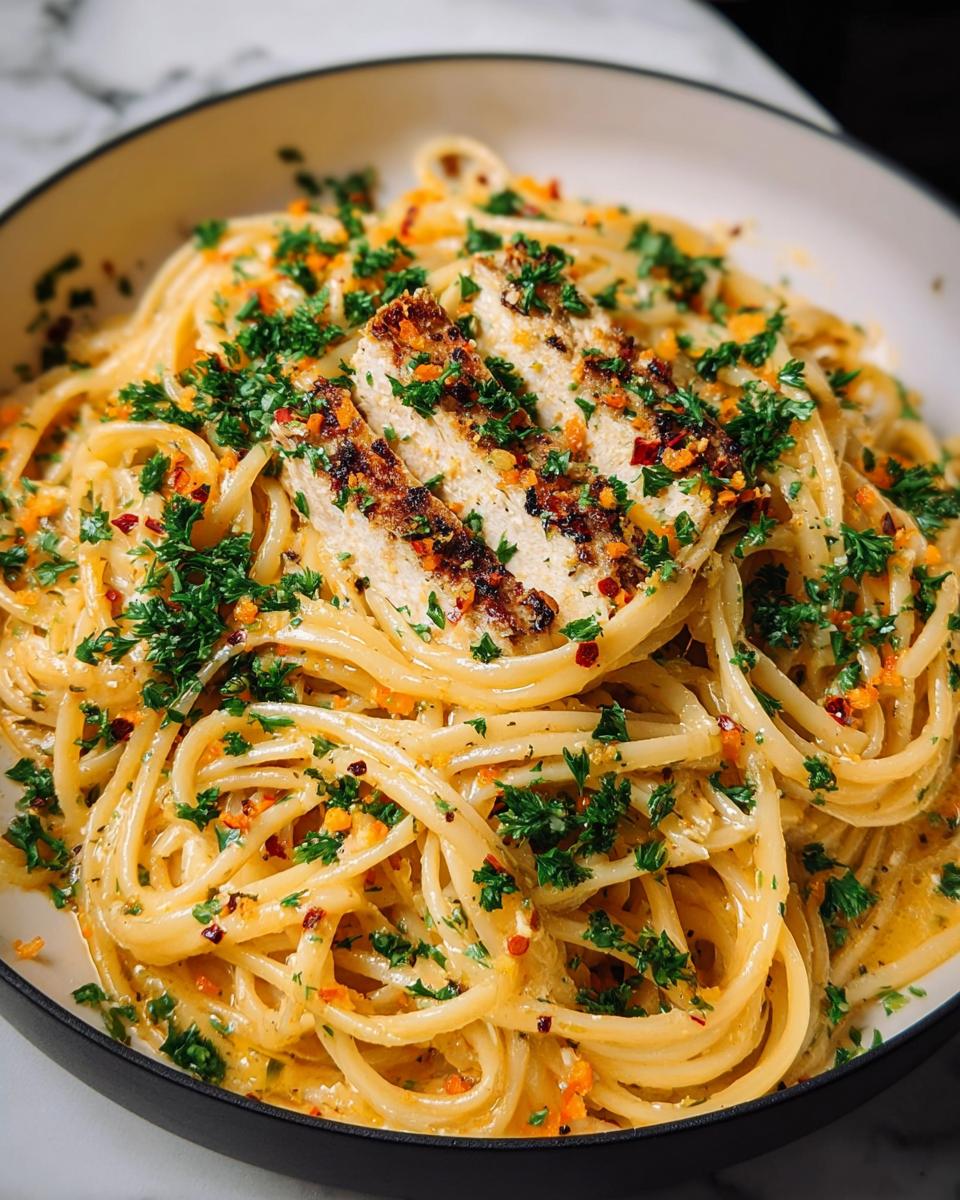Close-up of creamy pasta topped with sliced grilled chicken, parsley, and chili flakes, a perfect example of pasta recipes.