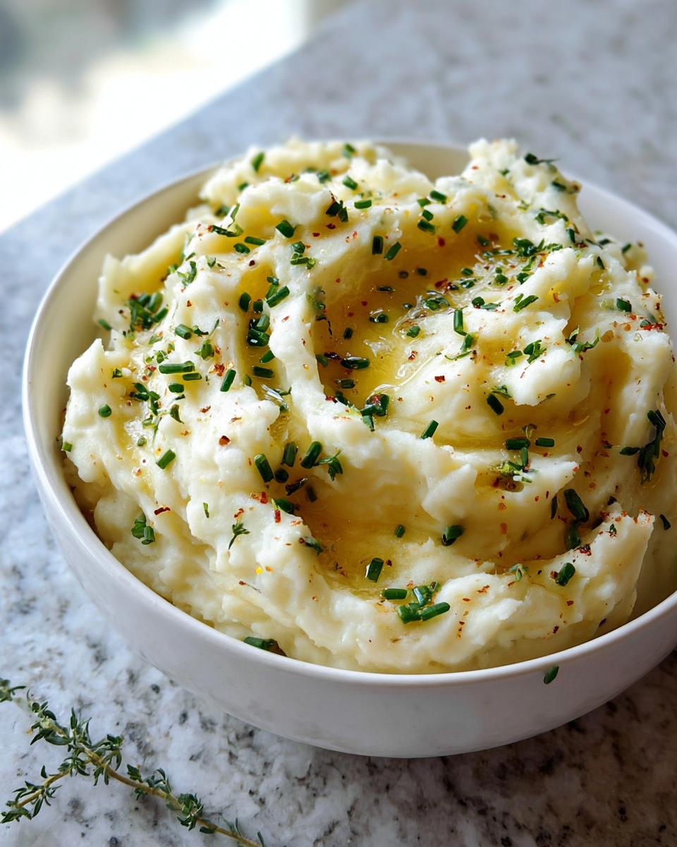 A white bowl filled with fluffy Creamy Garlic Parmesan Potatoes, drizzled with melted butter and topped with fresh chives.