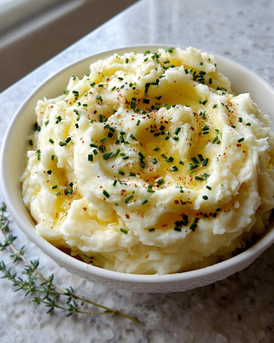 A white bowl filled with fluffy Creamy Garlic Parmesan Potatoes, drizzled with melted butter, chives, and paprika.