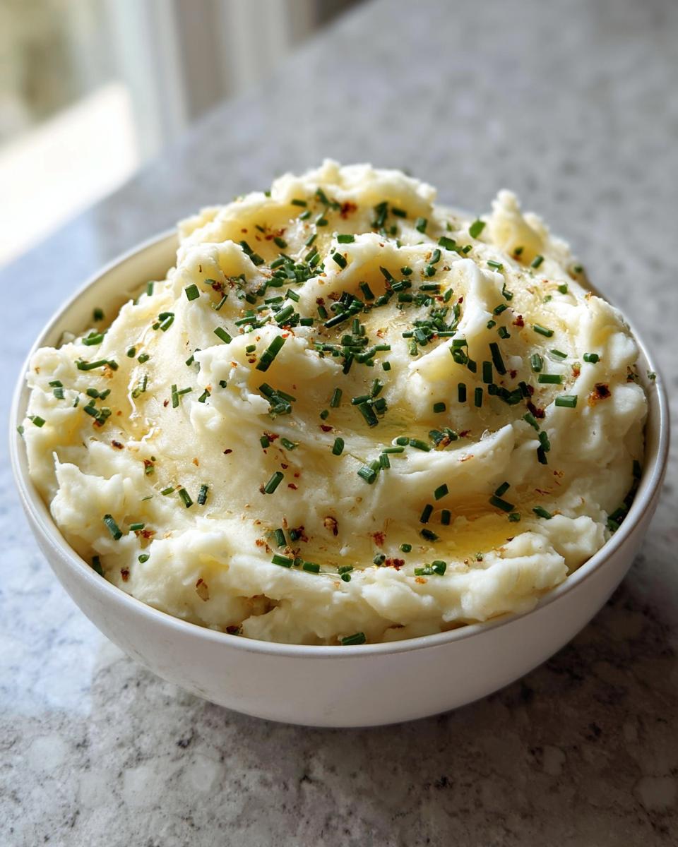 A white bowl filled with fluffy Creamy Garlic Parmesan Potatoes, drizzled with butter and topped with fresh chives.