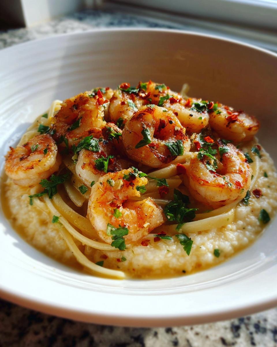 A bowl of creamy grits topped with seasoned shrimp, pasta, parsley, and red pepper flakes, perfect for shrimp recipes.