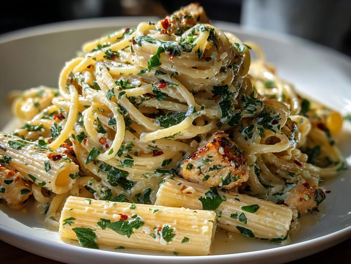 Close-up of a creamy pasta dish featuring spaghetti and rigatoni mixed with herbs and chicken pieces, perfect for Pasta Recipes in 10 Minutes.