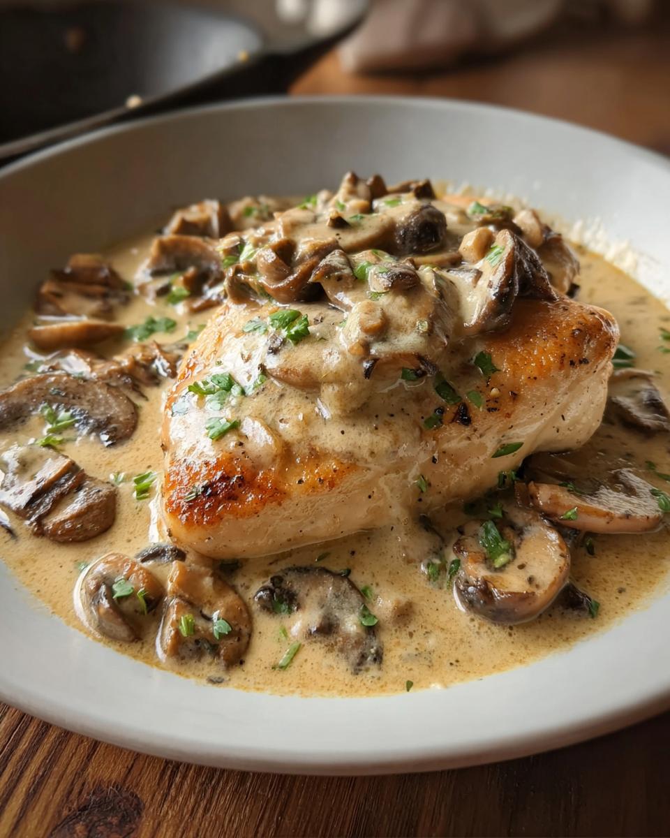A perfectly seared chicken breast smothered in a rich, creamy mushroom sauce, garnished with parsley.