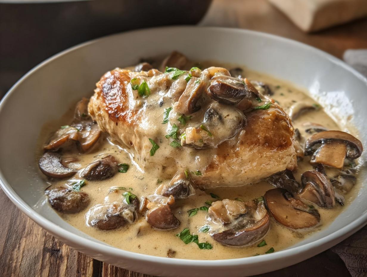 A perfectly seared chicken breast smothered in a rich, creamy mushroom sauce, ready to eat.